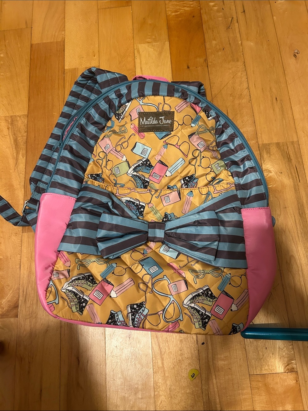 Matilda Jane Pink, Mustard & Blue Striped Kids Backpack with Bow